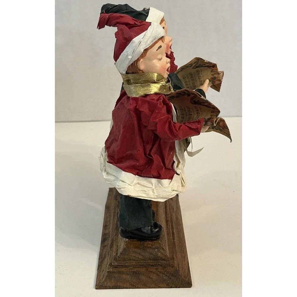 Vintage Paper Mâché Choir Boys Wood Base Christmas Decor Holiday Music Red Green